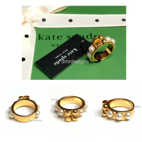 NWT Kate Spade ♠️ NOEL 12-K Matte Gold Plated Brass Glass Pearls Chunky Ring - Picture 2 of 11